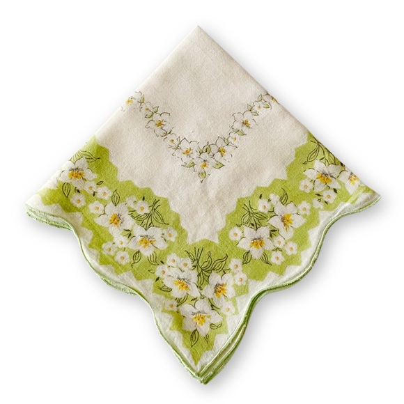 Antique Midcentury Off White Green Scalloped Floral Cotton Linen Handkerchief - Picture 2 of 6